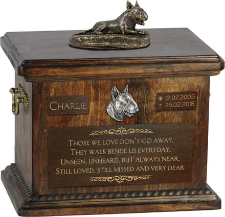 Bull Terrier urn met standbeeld - gepersonaliseerde urn voor hondenas