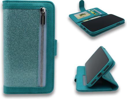 HB Hoesje Geschikt voor Apple iPhone 12 Mini - Turquoise - Glitter - Luxe Portemonnee Book Case met Rits