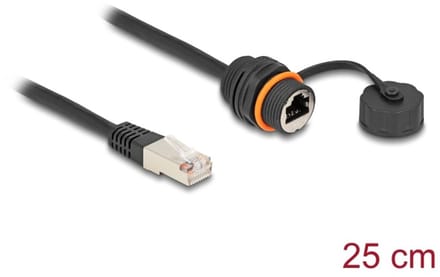Delock Cable RJ45 plug to RJ45 jack Cat.6A for built-in with M20 thread and protective cap IP68 dust and waterproof 25 cm black