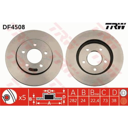 Remschijf TRW DF4508 voorkant, geventileerd, 1 Stuk