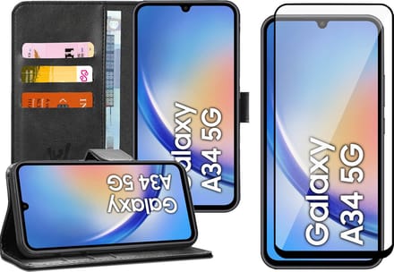 Hoesje geschikt voor Samsung Galaxy A34 - Screen Protector FullGuard - Book Case Kunstleer Pasjeshouder Zwart & Screenprotector