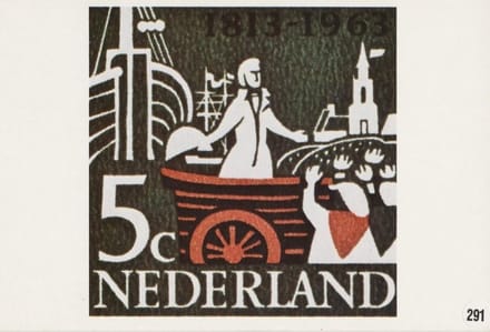 Briefkaart met afbeelding Onafhankelijkheidszegels : Landing van de Prins van Oranje te Scheveningen postzegel