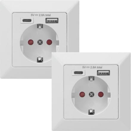 Wandcontactdoos - Stopcontact - 1x CEE 7/3 - 1x USB-A - 1x USB-C - Set van 2 - Wit