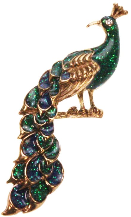 Broche Pauw groen/blauw/goudkleurig 4,5x7cm