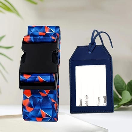 2 pcs (1 sangle de bagage + 1 étiquette de bagage) Sangle de protection de bagage réglable, sangle de chariot de voyage, sangle de bagage, sangle plate, étiquette de bagage en PU 2pcs blue