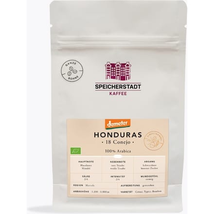 Speicherstadt Honduras 18 Conejo Bio Demeter Kaffee 250 g | Ganze Bohne | 100% Arabica aus Honduras | Fruchtig mit Noten von roten & weißen Trauben