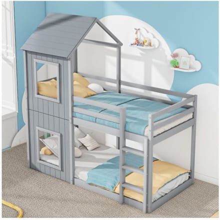 Stapelbed - MUVOE - 90x200 cm - Massief hout - Grijs - Met ladder en hemel grijs