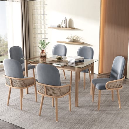 REDOM - Eetkamerstoelen Set Van 6 - Rotanlook - Modern - Voor Eethoek - Fluweel En Metaal - Grijs