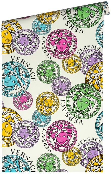 "MEDUSA HOOFD" SATIJN GLANZEND BEHANG | Design - bont wit roze blauw groen - A.S. Création Versace 5
