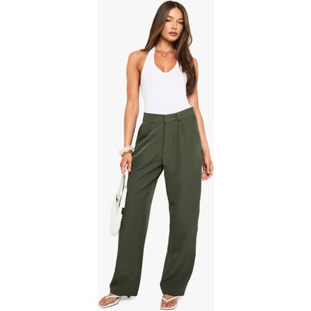 boohoo Dames Geplooide Voorkant Geweven Rechte Pijp Broek | Kaki | Maat: 34