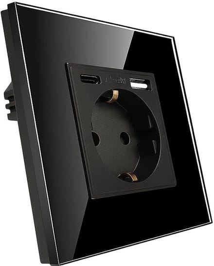 Wall socket with USB + USB C (3.1A), black, tempered glass switch, quick charge, socket 250 V, 16 A, modern design for home and office.