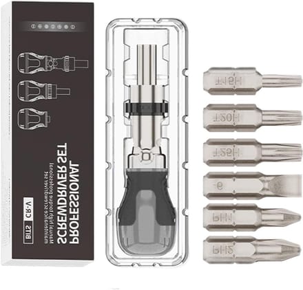Magnetische Ratelschroevendraaier - Verstelbare Schroevendraaier Set - Klusjes en Reparatie - 180 Graden Verstelbaar - 7 Bits - Grijs