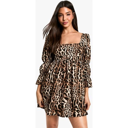 boohoo Dames Luipaardgeraffelde Pofmouw Smockjurk | Bruin | Maat: 38
