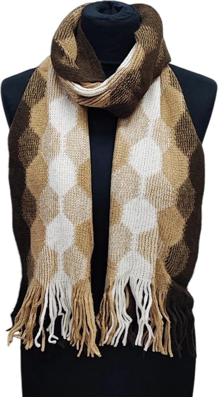 Lange Gebreide Sjaal - Unisex - Ecru/Bruin - 180 x 25 cm (144)