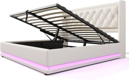 COVREO Bedframe 140x200 cm wit PU, opbergruimte, LED en USB-C, zonder matras