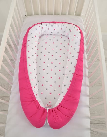 Babynest dubbelzijdig Premium Cocoon voor baby's BOBONO- sterren grijsroze/roze
