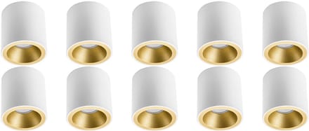 Opbouwspot 10 Pack - Pragmi Cliron Pro - GU10 Fitting - Opbouw Rond - Mat Wit/Goud - Aluminium - Verdiept - Ø90mm