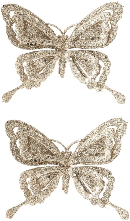 Kerstboomversiering Vlinder - 2x - 14 cm - champagne glitter - op clip - ornament