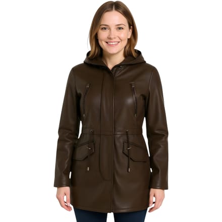 Dames bruine leren parka met capuchon - Cairns