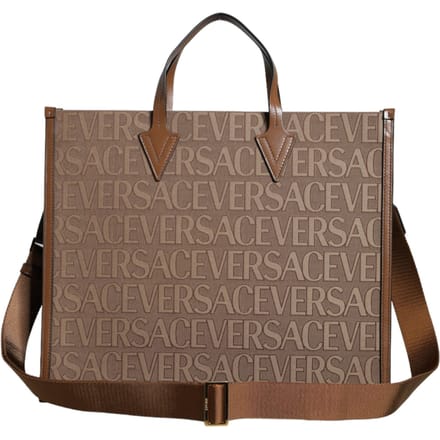 Bruine Top Handle Jacquard Leren Logo Crossbody Tote Bag