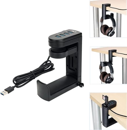 Universele Koptelefoonhouder met USB Hub en Kabelclip - 360° Draaibaar Bureau Organizer