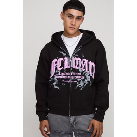Zwarte oversized boxy zip-through hoodie voor mannen met print | Black | Size Medium