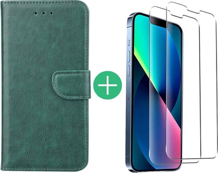 Hoesje Geschikt voor iPhone 13 Mini bookcase met 2 Pack Screenprotector gehard glas – Groen