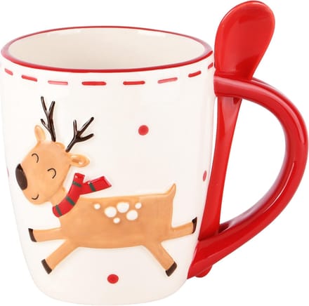 Dekoratief | Mok m/lepel m/rendier, dolomiet, wit/rood, 13x9x11cm | A245040
