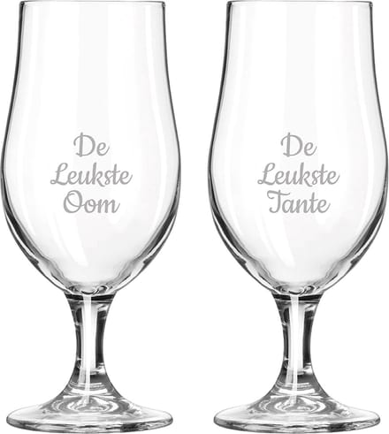 Gegraveerde bierglas op voet 49cl De Leukste Tante-De Leukste Oom