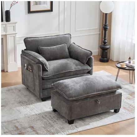 Moderne fauteuil - MUVOE - Ligstoel - Chenilletextiel - Voetensteun - Zijvak