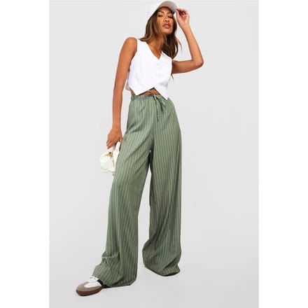 boohoo Dames Stripe Wide Leg Floaty Trousers | Kaki | Maat: 34