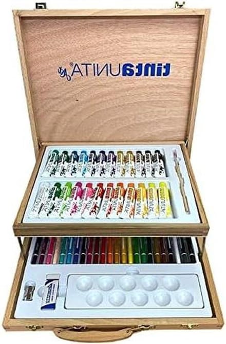 Houten Koffer - Tekenkoffer - Creatief bezig zijn - Dubbele etages - 48 stuks - Pastel