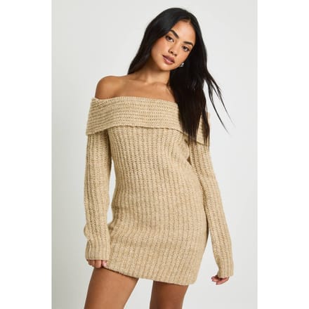 boohoo Dames Chunky Gebreide Bardot Mini Jurk | Cream | Maat: Small