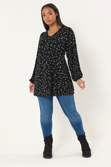 Yours Zwarte Top Met Stippen En Plooien Aan De Voorkant Size 48