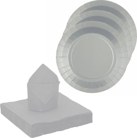 Santex feest/verjaardag servies set - 10x bordjes/25x servetten - zilver - karton