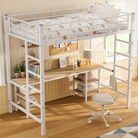 Stapelbed - 90x200 - Met Bureau En Planken - Zijladder En Valbeveiliging - Metaal MDF - Wit