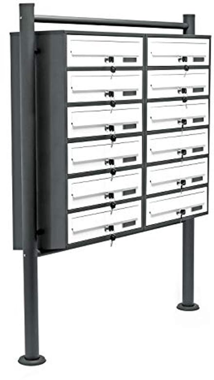 Mailbox systeem met 12 brievenbussen en standaardbasis, gepoedercoat in antraciet-wit