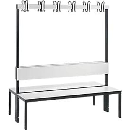 Garderobebank Basic Plus, 2-zijdig, rugleuning, zonder schoenenrek, pootstel zwart-grijs RAL 7021, B 1500 mm, decor wit