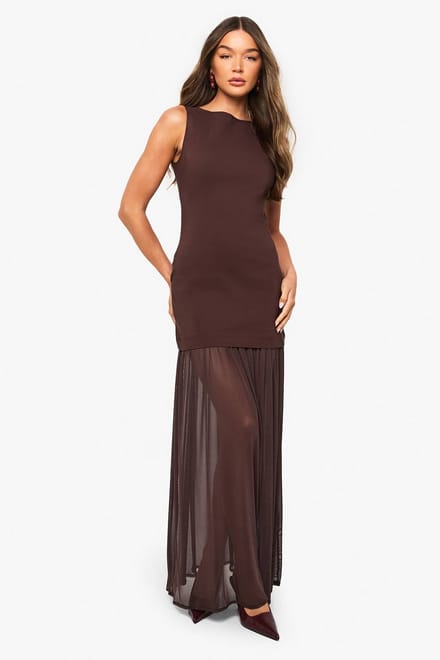 boohoo Dames Sheer Hem Mouwloze Maxi Jurk | Chocoladebruin | Maat: 38