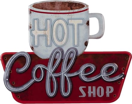Clayre & Eef Tekstbord 38x48 cm Wit Rood Ijzer Hot Coffee Wandbord