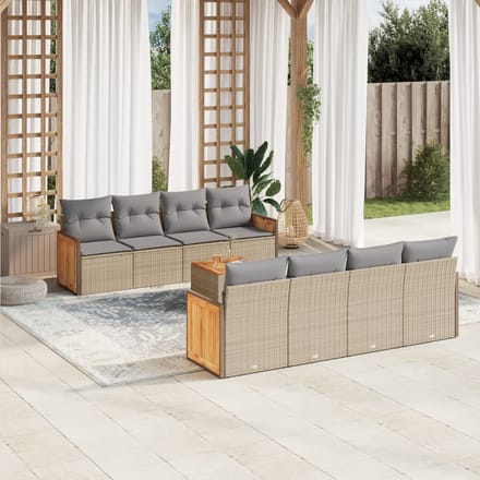 vidaXL - 9-delige - Loungeset - met - kussens - poly - rattan - beige