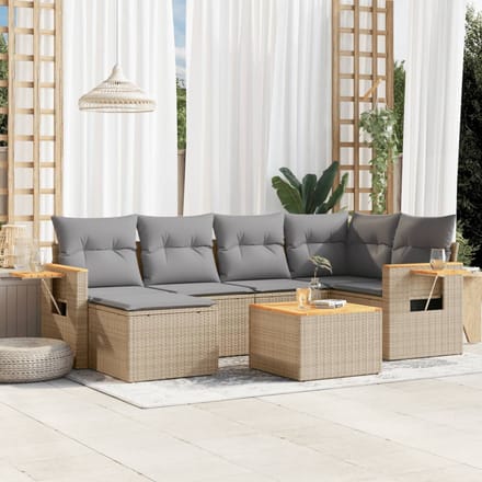 vidaXL - 7-delige - Loungeset - met - kussens - poly - rattan - beige