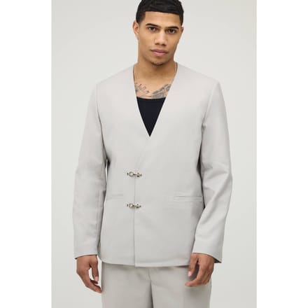 Kraagloze Oversized Blazer met Brandweergesp | Stone | Size 40
