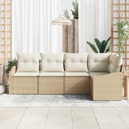 vidaXL - Tuinbank - Set - 5 - st - Beige - en - Wit - poly - rattan