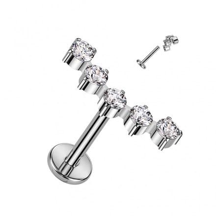 Piercing titanium 5 gemmed ronde top 1.2x8 - zilver - LMPiercings