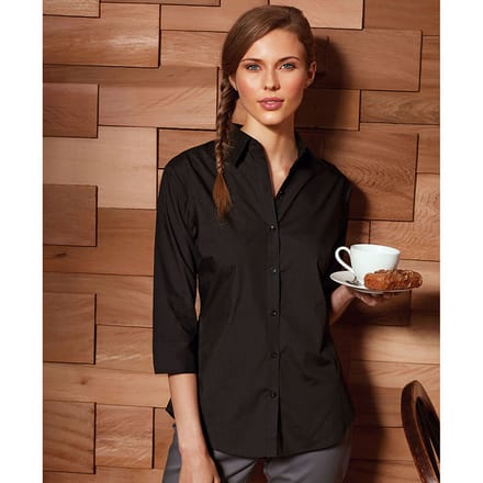 Premier Dames/Dames Popeline 3/4 Mouwen Blouse (Zwart)
