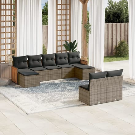 vidaXL - 9-delige - Loungeset - met - kussens - poly - rattan - grijs