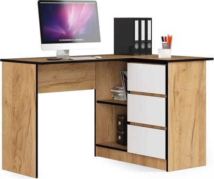 Hoekbureau met Ladeblok en Plank voor Thuiswerkplek, 124 cm Breed