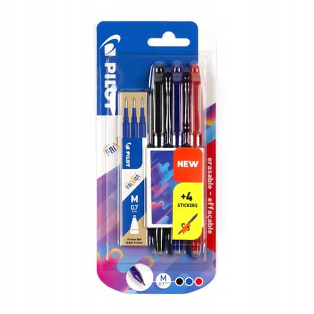PILOT FriXion Ball 0,7: 3 Kleuren Pennen + 3 Vullingen + Stickers