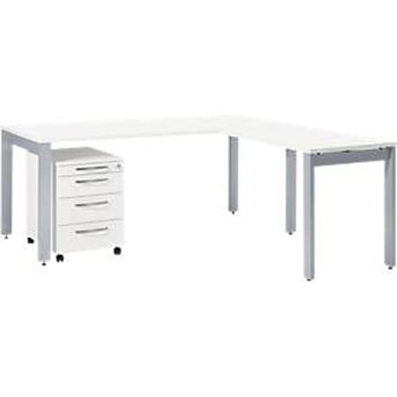 Schäfer Shop Select complete set LOGIN, 4-poots bureau 1800 mm, 4-poots aanbouwtafel, verrijdbaar onderstel, wit